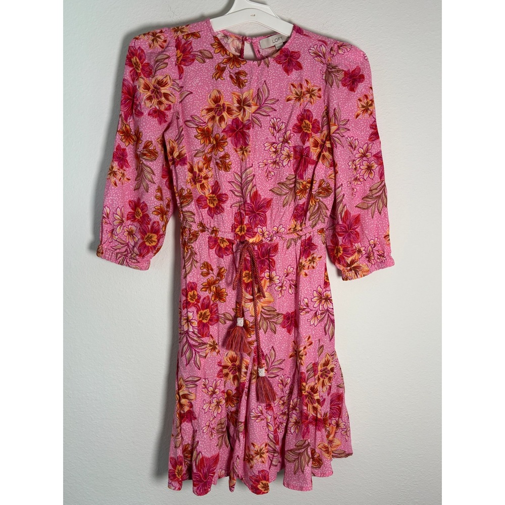 Loft Pink Floral Mini Dress 3/4 Puff Sleeve Tassel Waist Ruffle Hem Keyhole Back